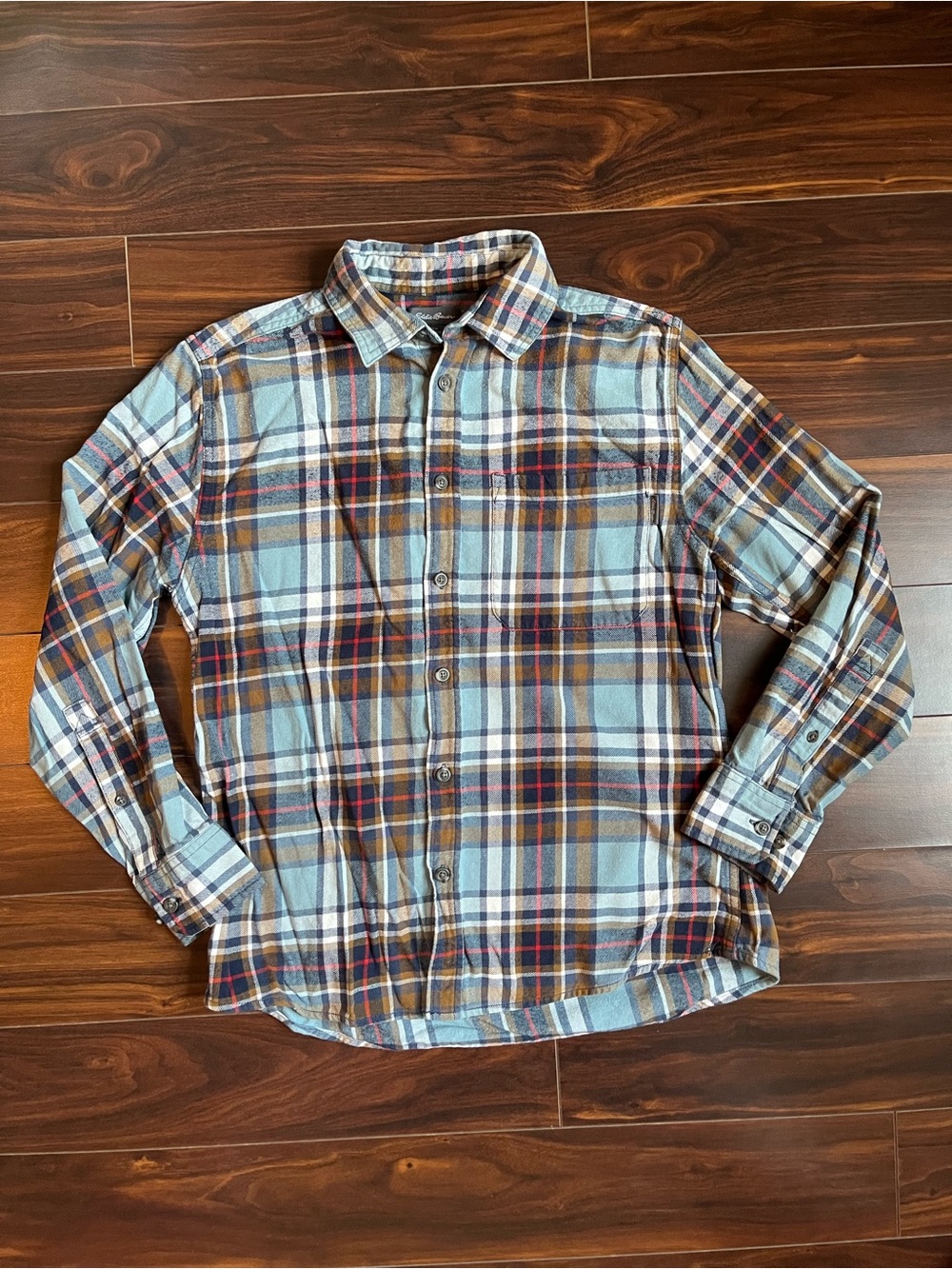 Eddie Bauer Blue, Brown, & Red Plaid Button-Down Flannel Shirt, M, EUC